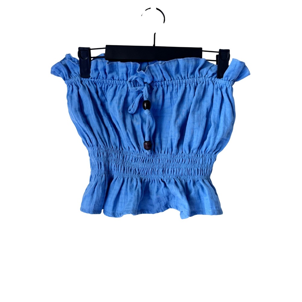 Lotus & Luna Blue Smocked Cotton Gauze Tube Top with Wooden Beads Size M